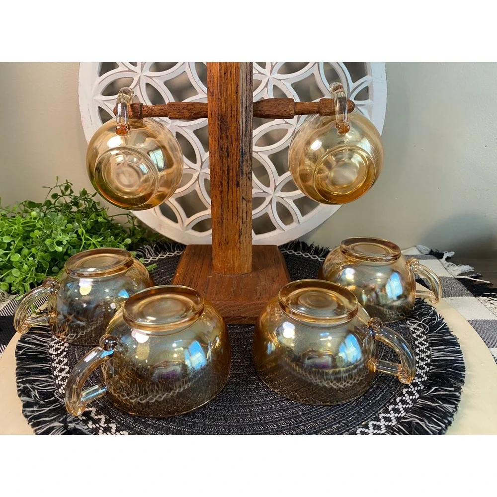 Vintage Fire-King Peach Lustre Tea‎ Cups Set of 6 Iridescent Copper Glass Mugs